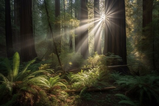 Sunlight streaming through majestic redwood trees in a Californian forest. Generative AI