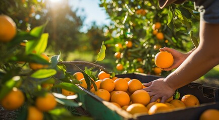 oranges on tree, close-uo of hand picking orange, oranges in the garden, harvest for oranges - obrazy, fototapety, plakaty