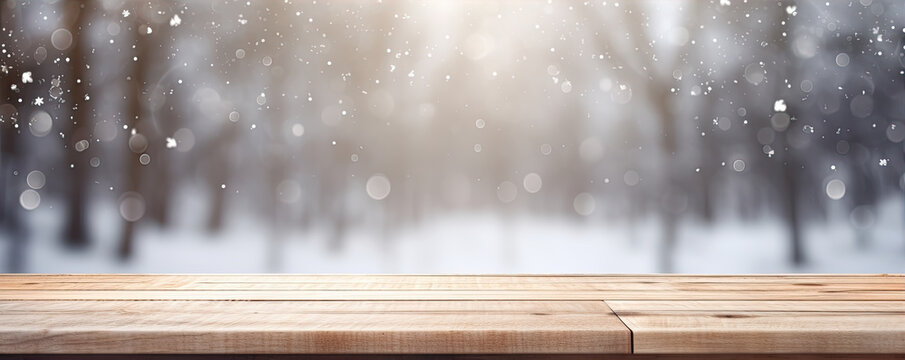 Winter christmass mocup, empty wooden table in front of winter background. copy space for text.