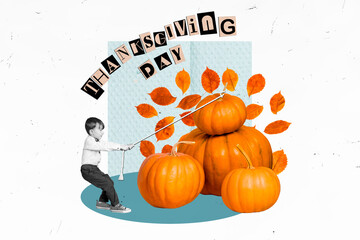 Postcard picture collage of small boy pulling huge heavy pumpkin harvest preparing thanksgiving day...