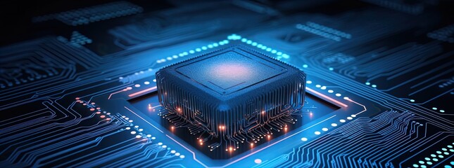Fototapeta premium Closeup of a CPU and microchips on a motherboard with dramatic lighting. Great for stories on technology, artificial intelligence, manufacturing and more. 