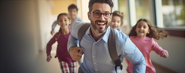 Happy teacher running with children in school towards camera. People in school run through vestibule in motion. - Powered by Adobe
