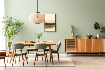 Wooden dining table and chairs against green wall. Scandinavian, mid-century home interior design of modern dining room. - obrazy, fototapety, plakaty