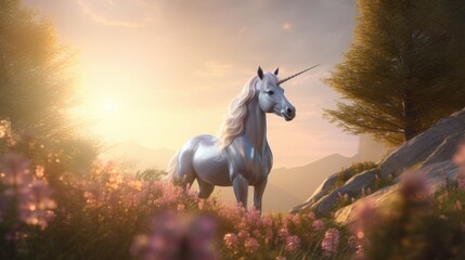 Obraz na płótnie Canvas A unicorn standing in a field of flowers