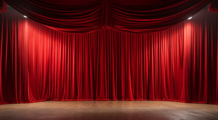 Empty theater stage with red velvet curtains. 3d illustration - obrazy, fototapety, plakaty
