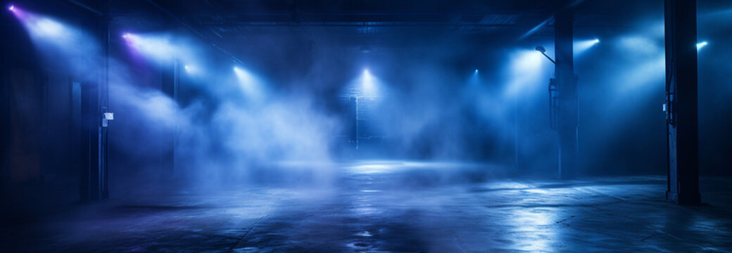 blue smoke bomb cloud in deserted empty hangar