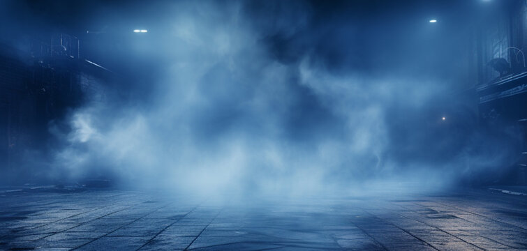 The dark stage shows, dark blue background, an empty dark scene, neon light, spotlights The asphalt floor and studio room with smoke float up the interior texture for display products