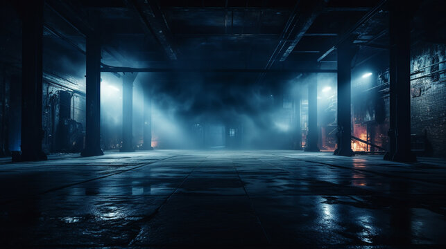 Background of an empty dark street, premises at night, concrete pavement, tile. Neon light, spotlight, smoke, smog