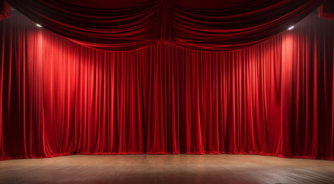 Empty theater stage with red velvet curtains. 3d illustration