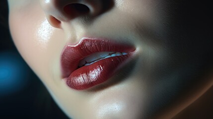A close up of a woman's lips with a red lipstick