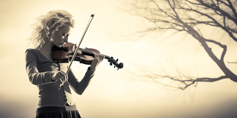 Enthralling woman violinist playing solo in a chilly winter landscape with ample copy space.