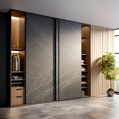 Wooden wardrobe with black marble doors in scandinavian style interior design of modern bedroom.
