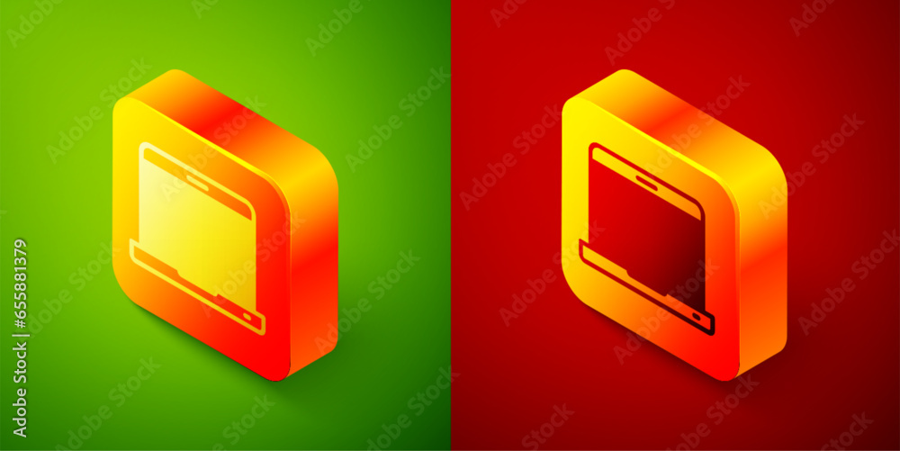 Poster isometric laptop icon isolated on green and red background. computer notebook with empty screen sign