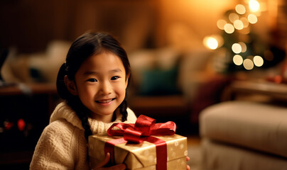 Fototapeta na wymiar Portrait of Asian young little kid open gift box from Santa Claus. Happy family, little kid feel happy and excited for surprise ready to celebrate Christmas together. Merry Christmas concept. 