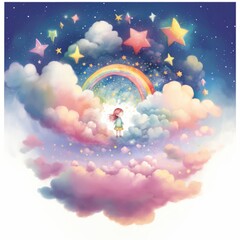 A happy and magical child illustration of a rainbow with stars and clouds, graphic detail, pastel colors. Generative AI
