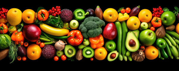 Assorted fruits and color vegetables top view. wide vegetable banner.