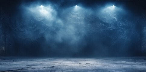 3D Illustration. Dark foggy environment, flat concrete place illuminated by top lights. Template for adding your content.