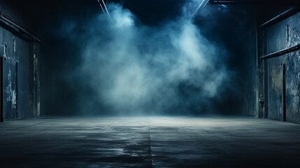 The dark stage shows, dark blue background, an empty dark scene, neon light, spotlights The asphalt floor and studio room with smoke float up the interior texture for display products - obrazy, fototapety, plakaty