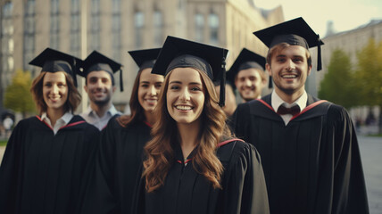 Academic Elegance Group College Students, Donned Dapper Black College Attire Sporting Traditional Black Caps, Exude Radiant Smiles Positively Engage Camera, Set Against Scholarly Atmosphere College 