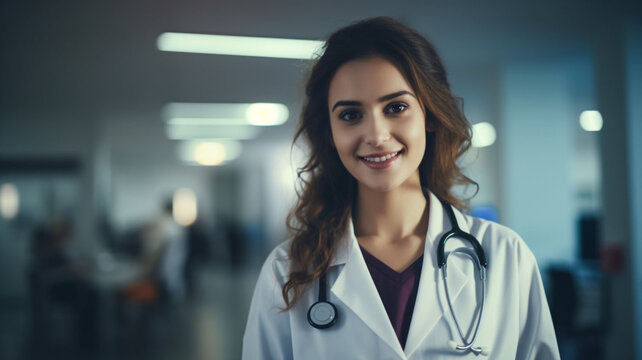 Healing with Compassion: A Young Female Doctor, Resplendent in Her Doctor's Attire, Radiates Warmth with a Gentle Smile as She Poses Gracefully for the Camera, Against the Serene Backdrop Hospital 