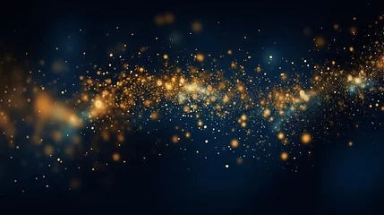 Fotobehang Abstract glitter lights background in blue, gold and black colors. Blurred bokeh effect. Elegant and festive design for banner, poster, invitation, card or wallpaper. © hassan