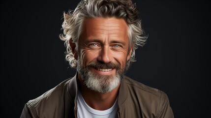 Obraz premium Handsome Senior Male in His 50s or 60s with Grey Hair Laughing and Smiling Against a Dark Background, Embracing Happiness and Confidence in Happy Retirement, Young at heart 