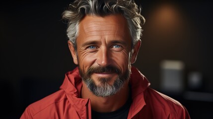 Fototapeta premium Handsome Senior Male in His 50s or 60s with Grey Hair Laughing and Smiling Against a Dark Background, Embracing Happiness and Confidence in Happy Retirement, Young at heart 