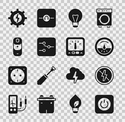 Fototapeta premium Set Power button, No lightning, Electric meter, Creative lamp idea, Switch electronic circuit, Battery charge, Gear and and Ampere multimeter icon. Vector