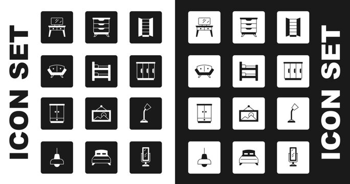 Set Wardrobe, Bunk bed, Sofa, Dressing table, Furniture nightstand, Table lamp and icon. Vector