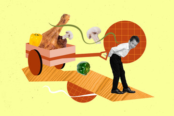 Collage postcard of funny small boy pulling trolley with huge fried delicious turkey isolated on drawing background