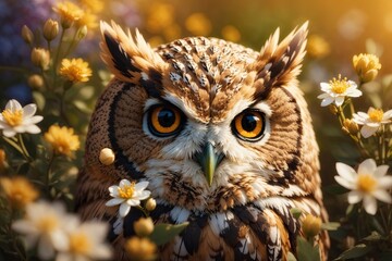 a cute owl face with spring flowers closeup. ai generative