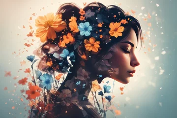 Double exposure woman profile and flowers. ai generative © Igor