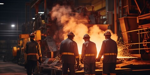 Foundry shop. Heavy industry and steel production for all types of construction and mechanical engineering. A team of workers against the background of a blast furnace and the casting of molten metal.