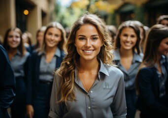 Obraz premium Academic Harmony: College Girls with Natural Hair, Radiating Unity in College Uniforms, Smiling Gracefully for the Camera Amidst a Verdant Campus Oasis 