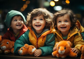 Radiant Moments: Three Playful Girls in Colorful Jackets, Delightfully Catching a Flying Toy, All Smiles and Positivity, Captured for a Joyful Snapshot 