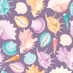 Vector seamless pattern with bright varicolored shells