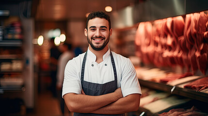 A happy young male butcher standing with arms crossed in modern meat shop - obrazy, fototapety, plakaty