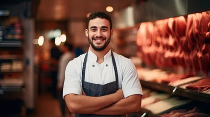 Fotobehang A happy young male butcher standing with arms crossed in modern meat shop © Александр Марченко
