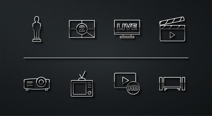 Set line Movie trophy, Movie, film, media projector, clapper, Hd movie, tape, frame, Retro tv, Old countdown, Smart Tv and Live stream icon. Vector