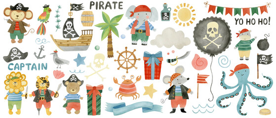 Cute pirate collection for kids. Watercolor set of animals in pirate costumes, tiger, elephant, monkey, mouse, hippopotamus, lion, bear, octopus, balloon, helm, pirate ship, birthday design elements. 
