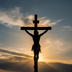 Silhouette of Jesus christian cross at sunset background.