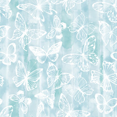 Butterflies. Abstract seamless pattern on blue watercolor background.  Vector illustration. Perfect for design templates, wallpaper, wrapping, fabric and textile.