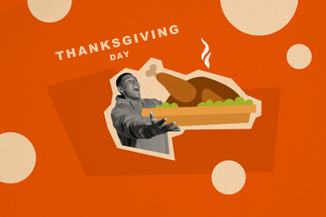 Poster bannercollage creative postcard of amazed guy hold home made tasty yummy roasted turkey on thanksgiving day