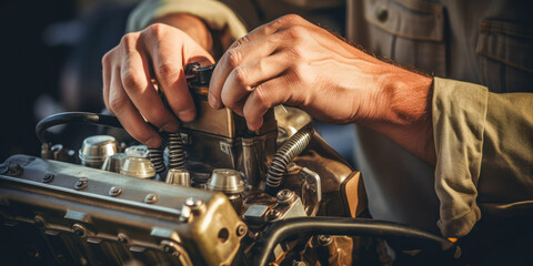 Passionate mechanic deeply engaged in tuning a vintage car's carburetor. - obrazy, fototapety, plakaty