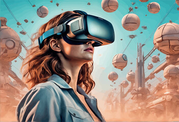 woman with virtual reality helmet.  3d rendering woman with virtual reality helmet.  3d rendering virtual reality technology.  3d rendering - obrazy, fototapety, plakaty