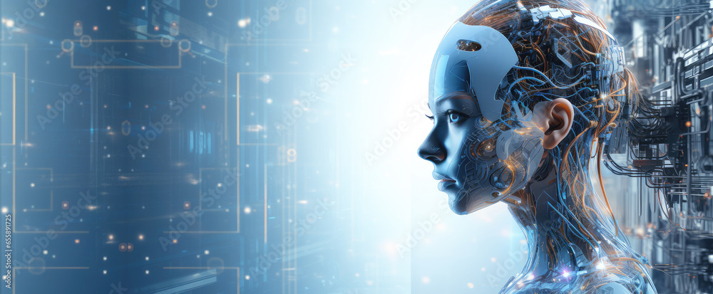 Leinwandbilder artificial intelligence, a humanoid cyber girl with a neural network thinks. artificial intelligence