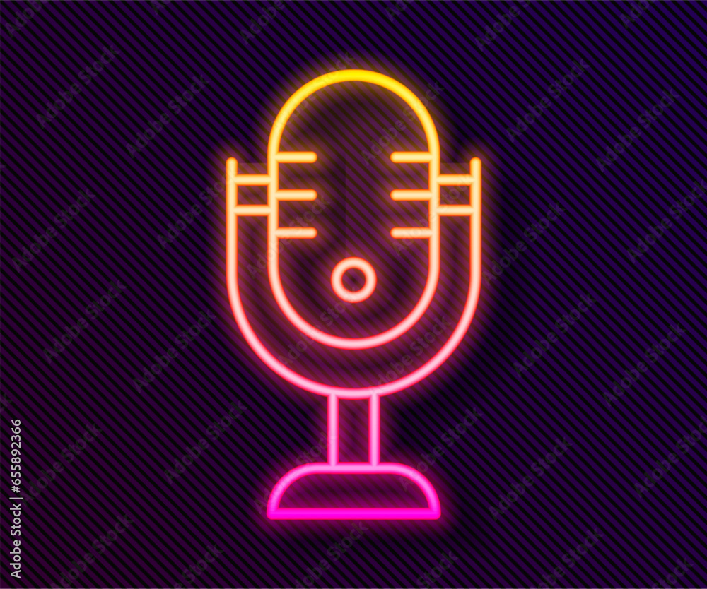 Sticker Glowing neon line Microphone icon isolated on black background. On air radio mic microphone. Speaker sign. Vector