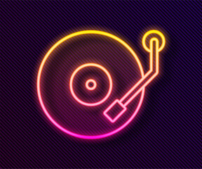 Glowing neon line Vinyl player with a vinyl disk icon isolated on black background. Vector