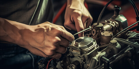 Intricate mechanic hands fine-tuning carburetor of a vintage car close-up. - obrazy, fototapety, plakaty