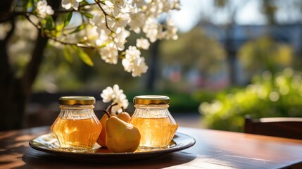 still life with honey and flowers. pear jam in a glass	 - obrazy, fototapety, plakaty